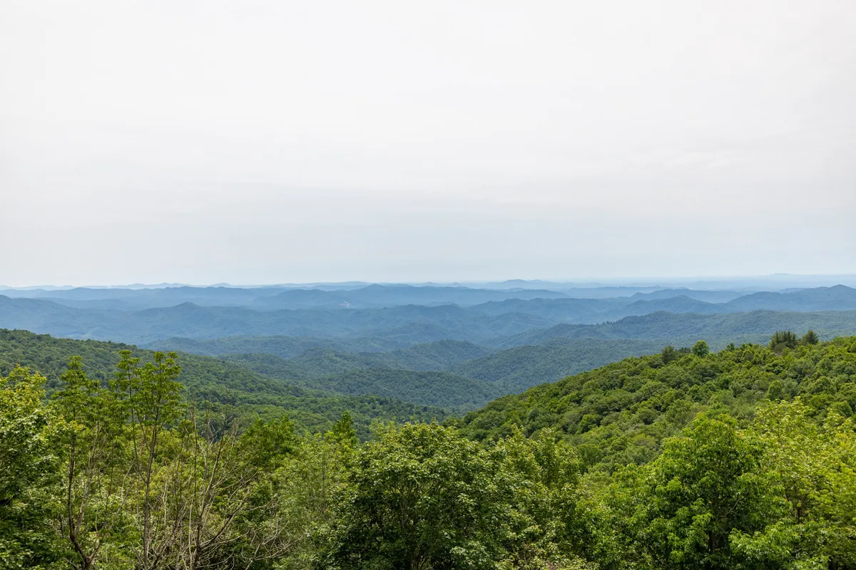 A breathtaking view of a mountain range, dense trees, and a wide valley under an expansive sky. The scene invites exploration and captures the scenic allure of the area surrounding Skytop Retreat.